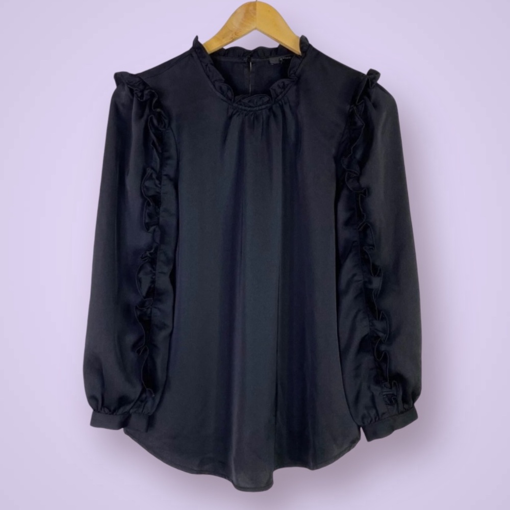 Like New [J. Crew] Black Silky Ruffly Long Sleeve Blouse + Keyhole Top | Large